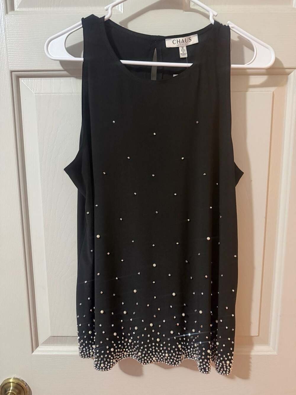 Chaus Sleeveless Blouse Size M Black Beaded Pearls